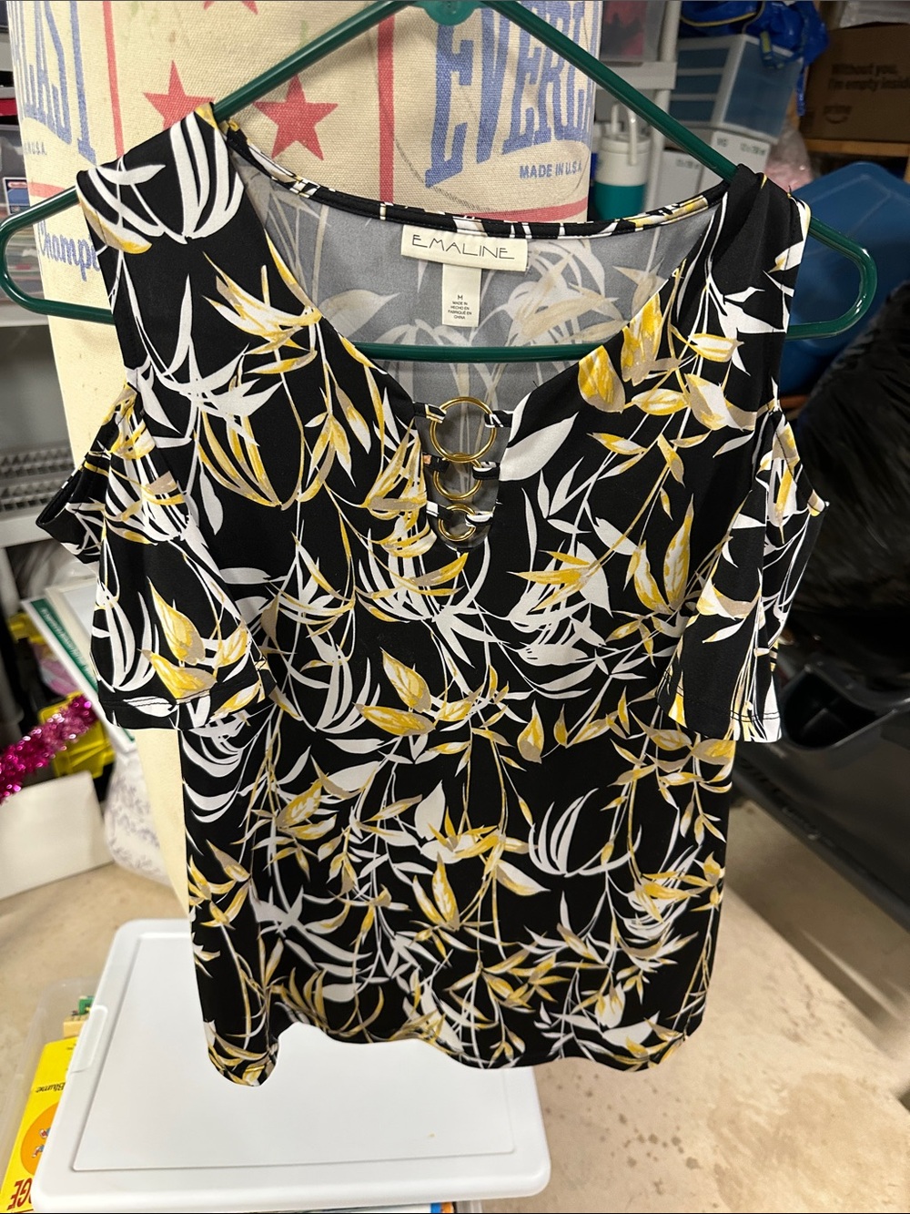 E.Maline Black Cold-Shoulder Top with Yellow & White Leaf Print